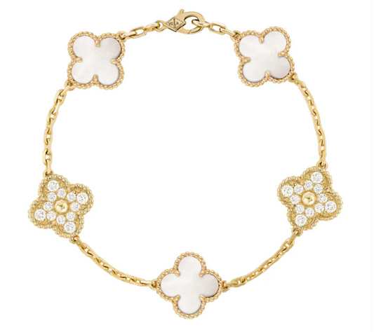 צמיד תלתן - לבן פנינה משובץ - זהב 18 קראט