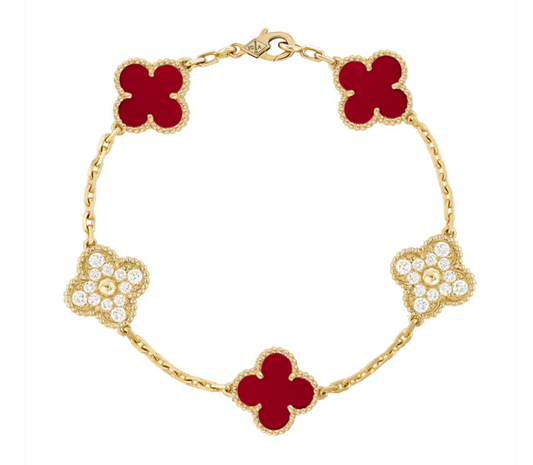 צמיד תלתן - בורדו משובץ - ציפוי זהב 18 קראט