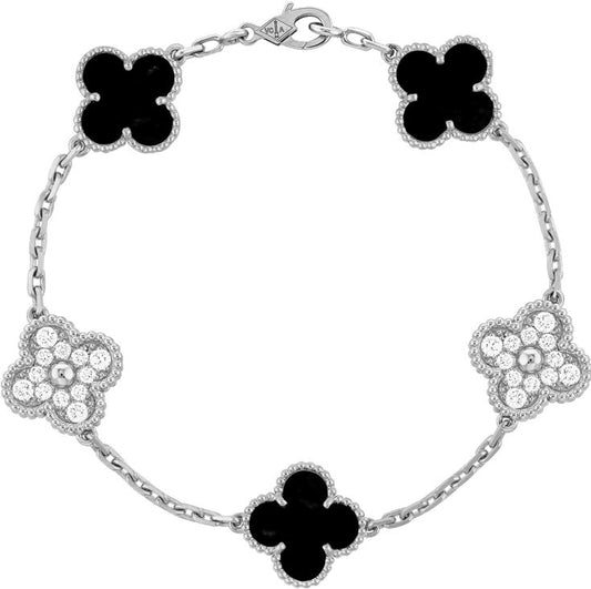 צמיד תלתן - שחור משובץ - ציפוי כסף 925